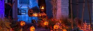 Night view of a house with Halloween decoration