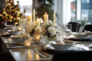 Christmas and New Year lifestyle table setting with candles, Christmas tree, ornaments decoration, wine glasses and lights. Holiday seasonal décor for dining party cerebration.