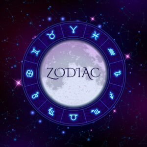 Zodiac circle on space background with moon in the center, star constellations, horoscope symbols, vector illustration